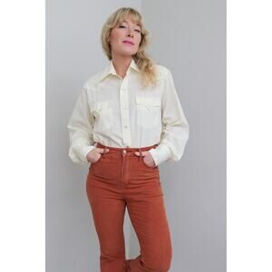1970's Vintage Western Cream Pearl Snap Shirt ~ Women's MD LG ~ Men's SM MD 70's